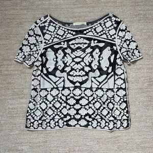 Anthropologie Everleigh Black & Cream Embroidered Short-Sleeve Top